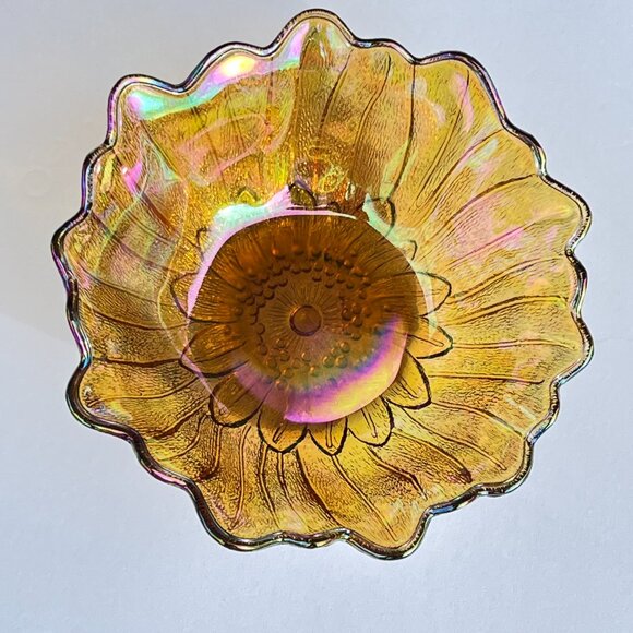 Vintage Indiana Glass Co Amber Glass pons Pattern Sunflower Lily Bowl 7" Dish - Picture 6 of 7